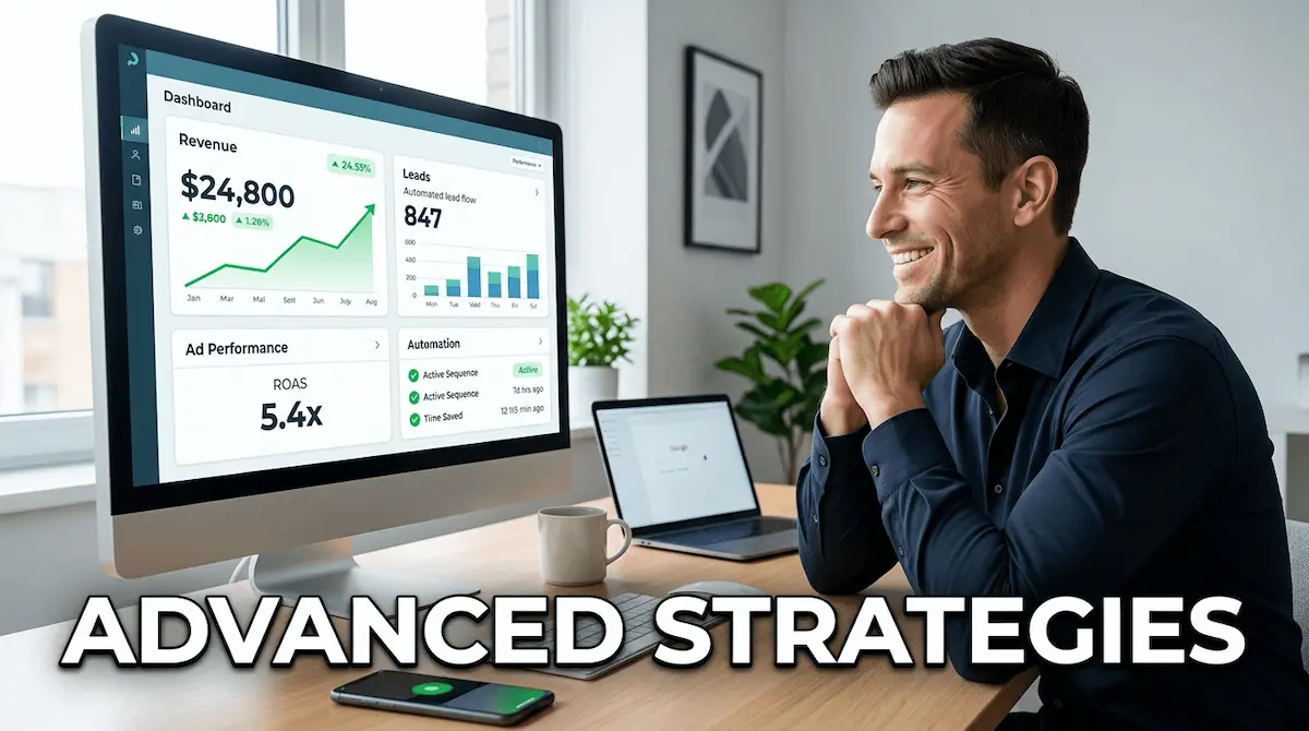 Entrepreneur at a premium desk reviewing automation workflows,  AI ads, partnerships and personalisation — advanced marketing  strategies most small business owners never implement.