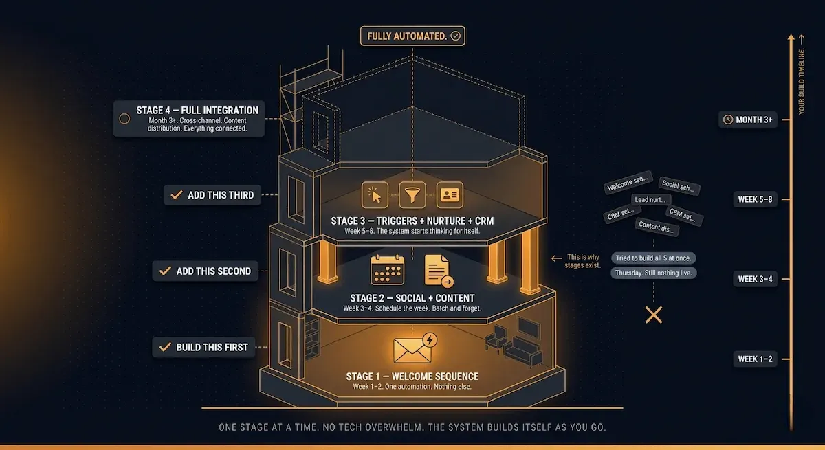 Graphic conceptual illustration of an automated marketing system rising as four glowing construction stages from a solid amber foundation on a deep navy canvas