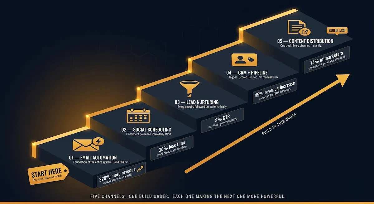 Graphic conceptual illustration of five automated marketing channels for small business arranged as a rising build-order staircase on a deep navy canvas with amber accent lighting