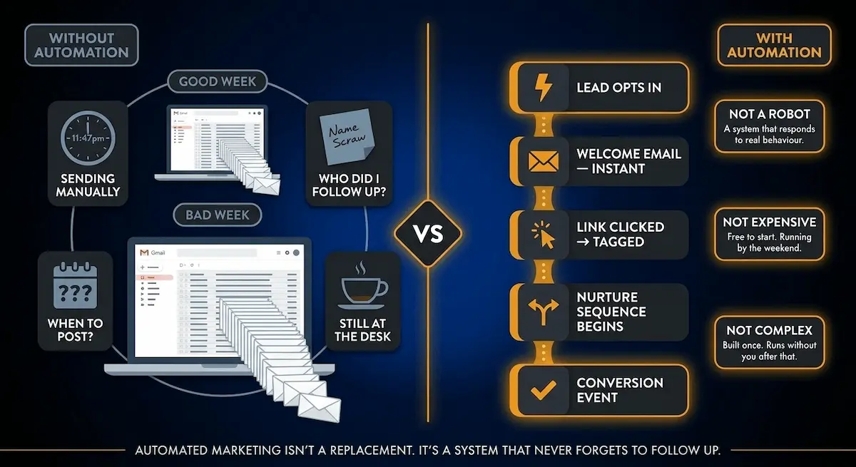 Graphic conceptual illustration contrasting manual marketing chaos with a clean automated marketing system showing behaviour-triggered responses on a deep navy canvas