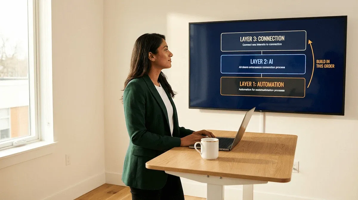 Graphic conceptual illustration of a three-floor building cross-section showing Layer 1 pure automation, Layer 2 AI on top, Layer 3 connected system rising to a fully automated destination