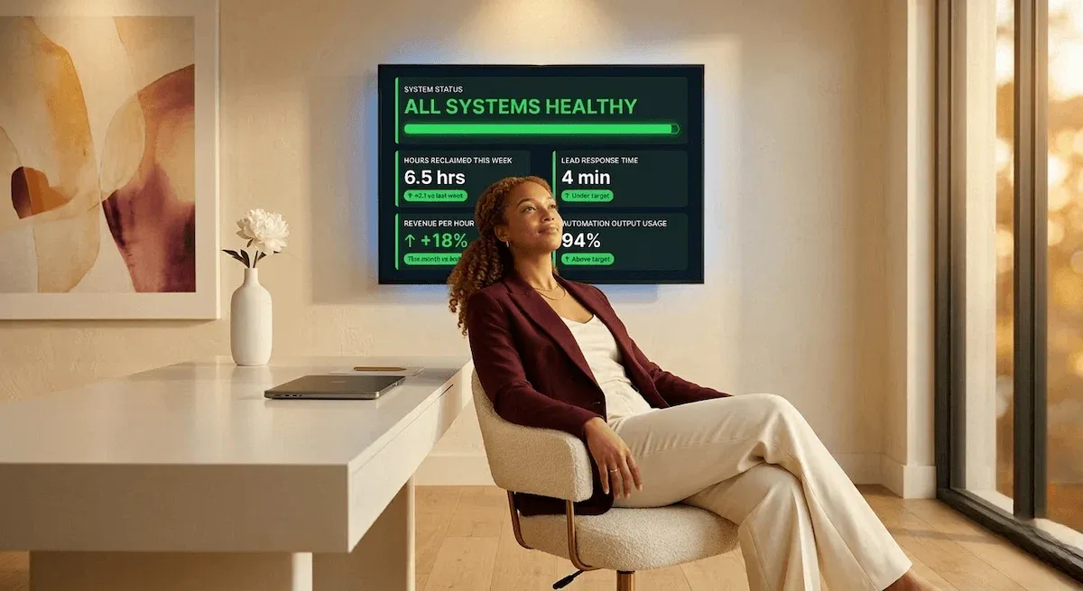 Graphic conceptual illustration of four vital sign waveforms measuring automation and AI system health with a SYSTEM HEALTHY verdict badge on a deep cinematic navy canvas