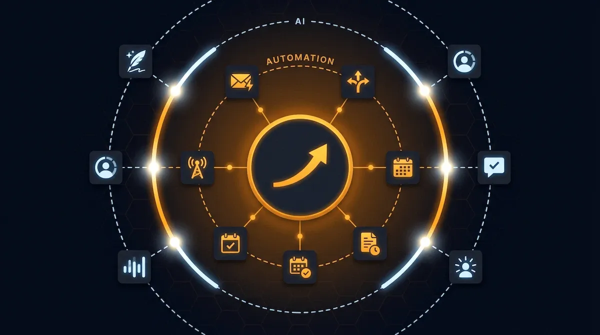 Graphic conceptual illustration of six automation wins and five AI wins arranged as two parallel glowing columns with three combination nodes connecting them on a dark navy canvas