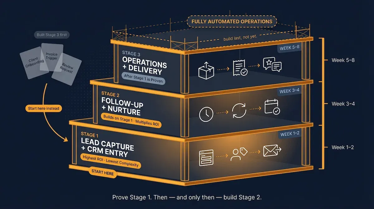 Three-stage automation business process build order showing lead capture, follow-up, and operations as sequential floors