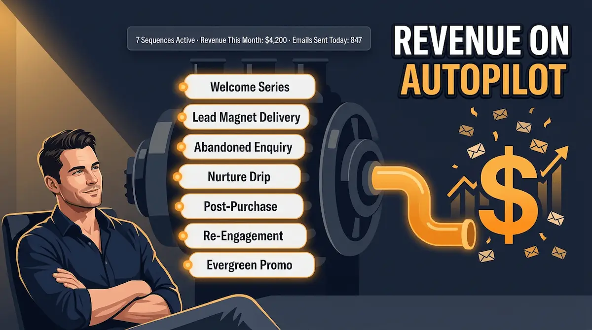 Graphic conceptual illustration of 7 email automation workflows mapped as a revenue engine pipeline, each sequence node glowing with activity on a dark navy canvas