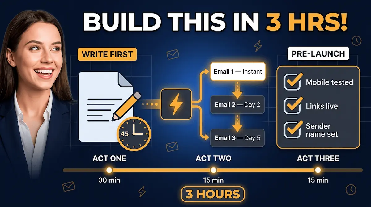 Bold graphic conceptual illustration of a 3-step email automation build process with a welcome series timeline, trigger configuration and pre-launch checklist on dark canvas