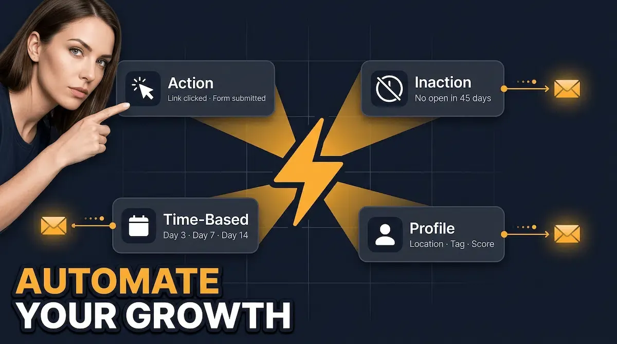Graphic conceptual illustration of an email automation trigger system showing four trigger types firing sequences in real time across a dark digital canvas