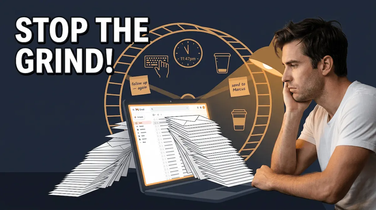 Graphic conceptual illustration of a handsome white American man exhausted at his desk late at night, drowning in manual emails with an overflowing inbox and sticky notes everywhere