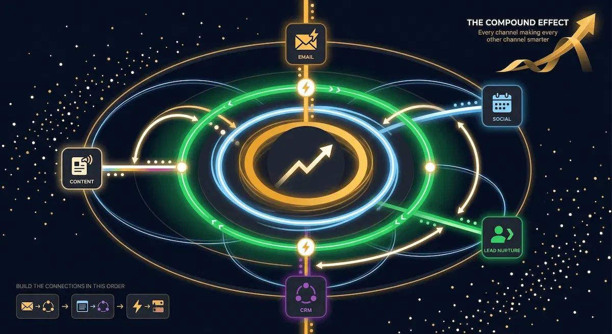 Breathtaking graphic of all automation in marketing channels as a solar system with a three-ring central engine five glowing satellites and live feedback loops on deep navy