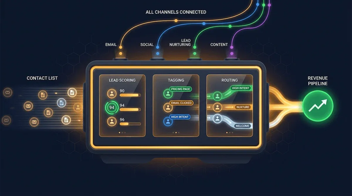 Breathtaking graphic of CRM automation as a precision sorting machine with three processing chambers scoring tagging and routing contacts into a vivid green revenue pipeline