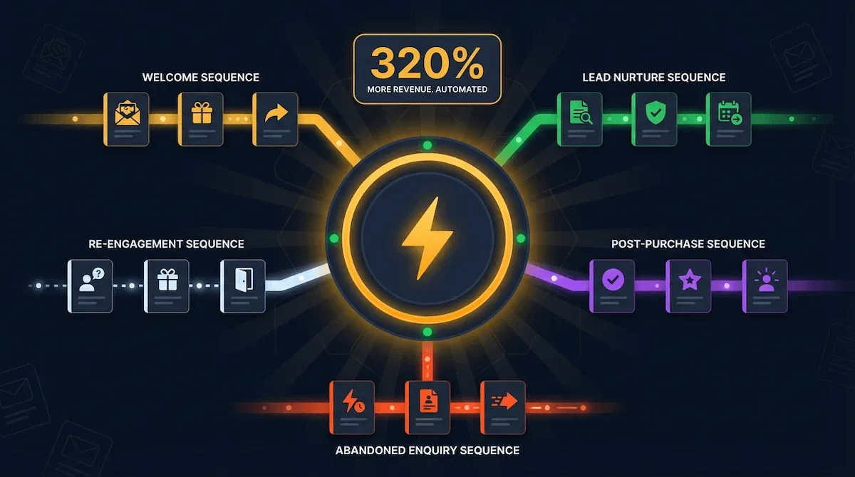 Stunning graphic of five automated email marketing sequences firing simultaneously from a central amber trigger engine with colour-coded flows on deep navy