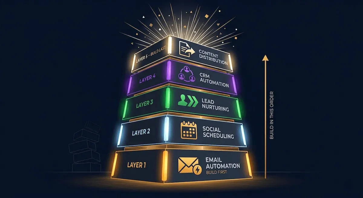 Stunning graphic of five automation in marketing channels as a five-layer tower rising from an amber email foundation to a white-gold content distribution peak on deep navy