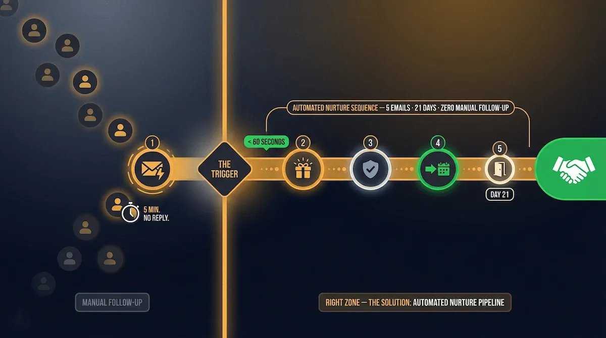 Breathtaking graphic of lead nurturing automation as a split composition showing cold leads falling left and a warm amber five-stage pipeline catching every lead right