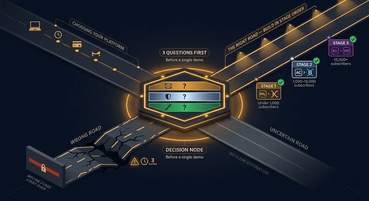 Breathtaking graphic of a marketing automation platform crossroads with a glowing amber hexagon at centre one illuminated correct road and one broken wrong road on deep navy