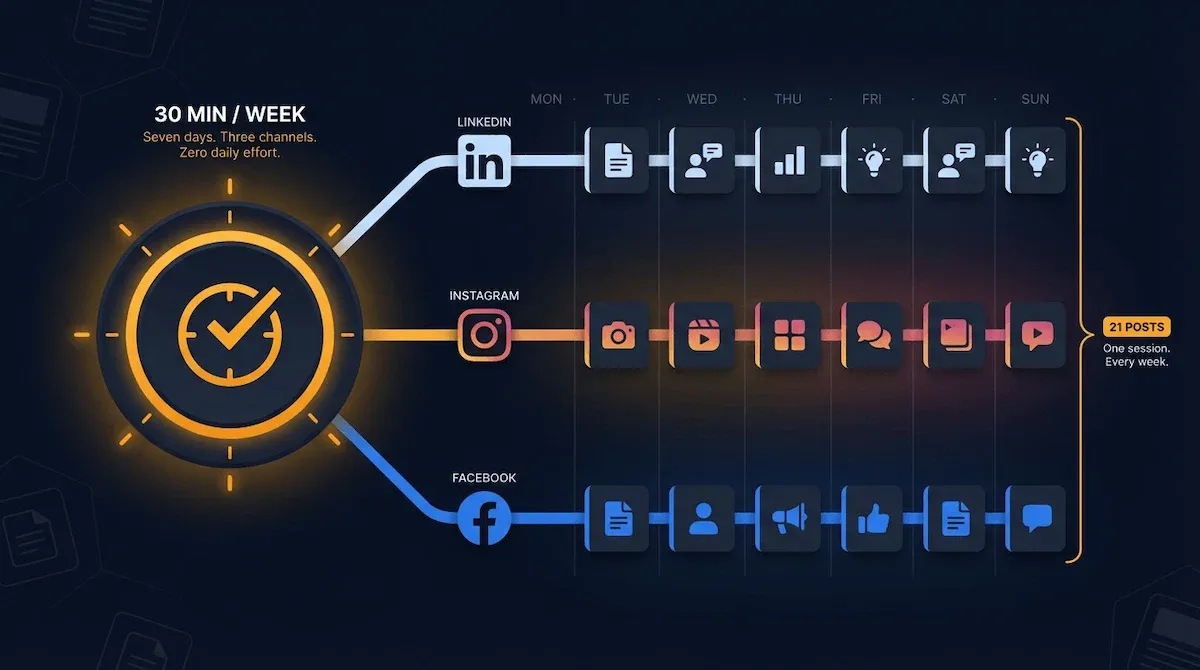 Breathtaking graphic of a social media automation batching engine firing three channel flows across LinkedIn Instagram and Facebook simultaneously on deep navy