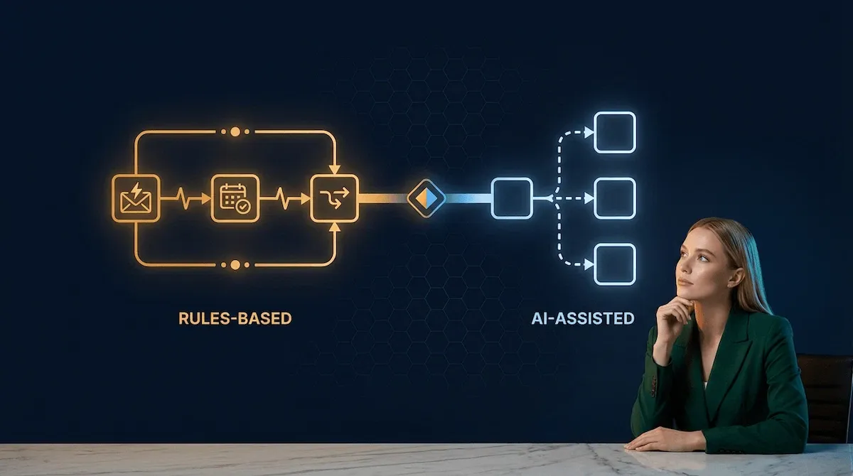 Elegant graphic of rules-based automation and AI-assisted automation as two distinct connected systems on deep navy with a gorgeous white American woman in the corner