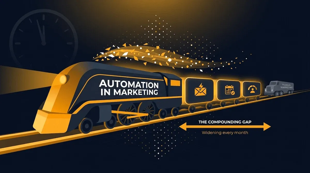 Bold graphic of an automation in marketing locomotive surging ahead on a glowing amber track with a grey manual marketing vehicle falling behind on deep navy