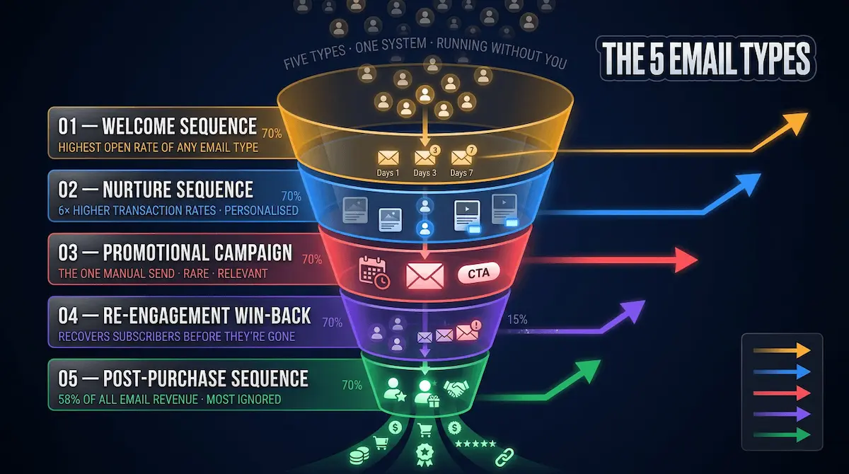 Five-band email funnel showing welcome sequence, nurture drip, promotional campaign, re-engagement win-back, and post-purchase sequence — the five email types every business needs running.