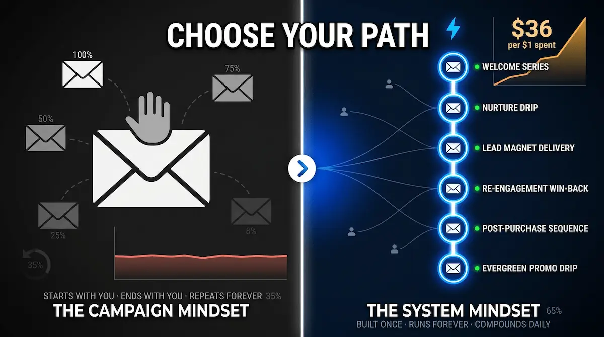 Split canvas comparing scattered fading envelopes and a flat results graph against six connected automated email sequences with a rising ROI curve — campaign mindset vs system mindset.