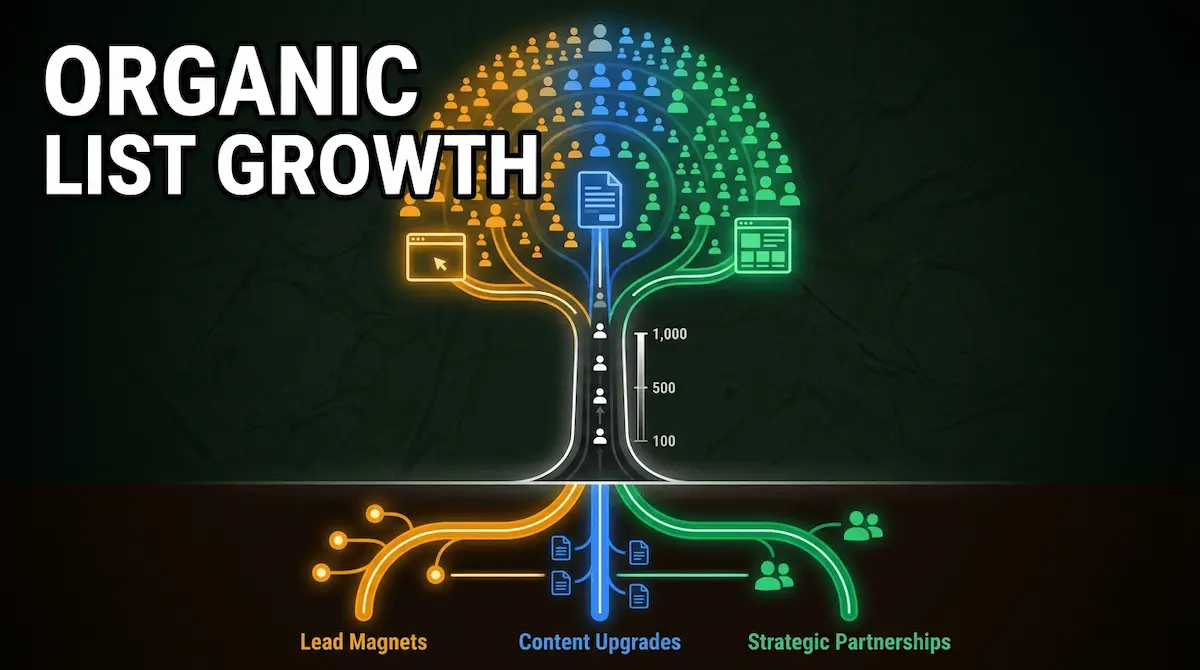 Vector tree with roots representing lead magnets, content upgrades, and partnerships, and branches for exit popup, inline form, and landing page — building an email list from zero.