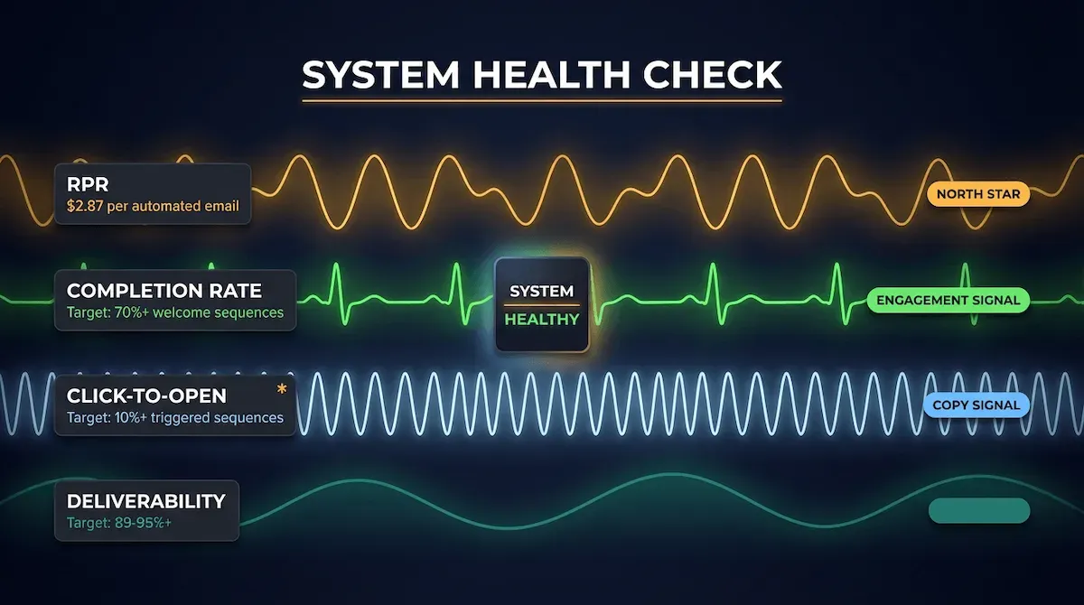 Graphic conceptual illustration of an email marketing automation system vital signs monitor showing four live health metrics glowing green on a dark cinematic canvas