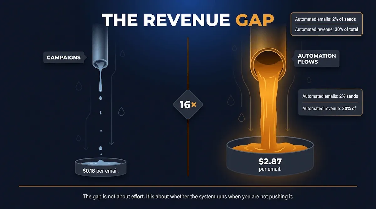 Graphic conceptual illustration of the revenue gap between manual email campaigns and automated flows, showing two vastly unequal income streams on a dark navy canvas