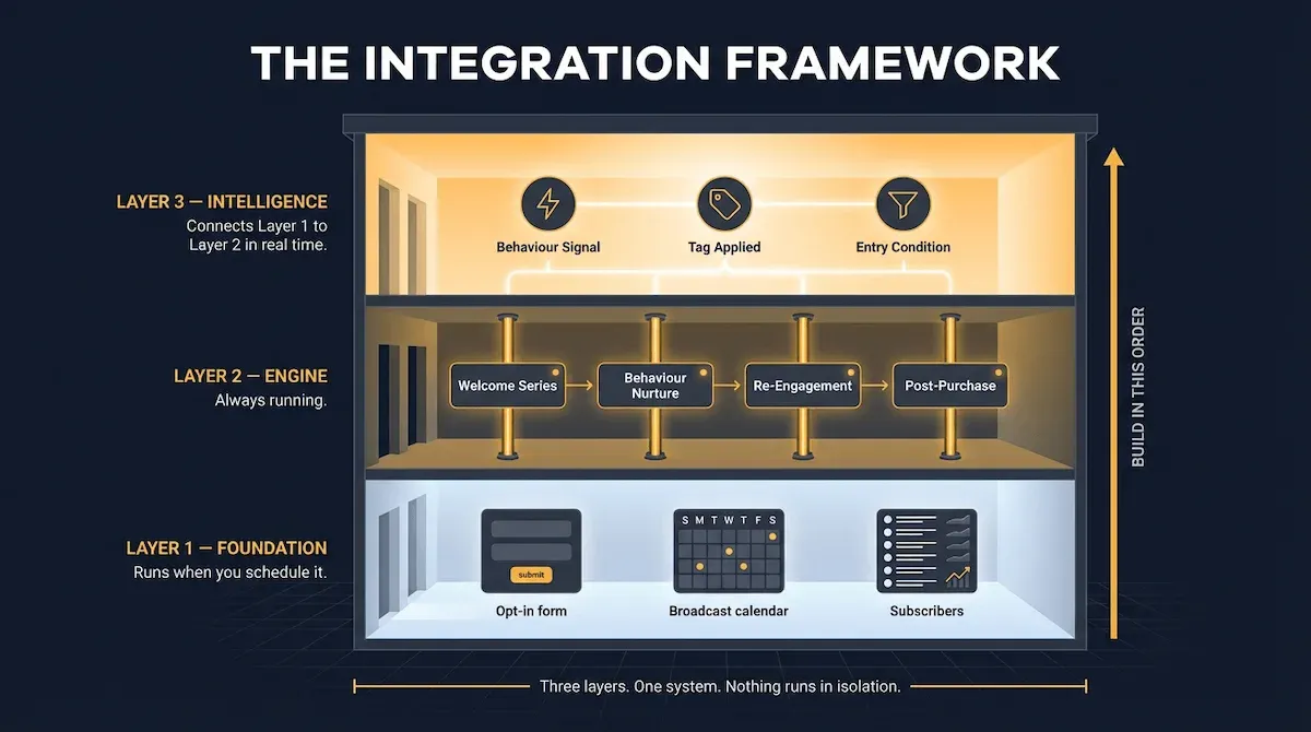 Graphic conceptual illustration of a three-layer email marketing automation integration framework showing foundation, engine and intelligence layers stacked on a dark navy canvas