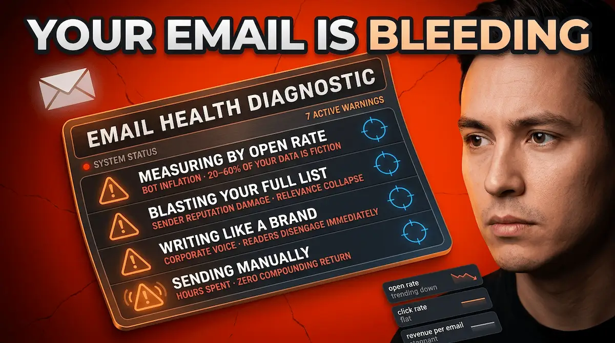 Dark diagnostic panel showing seven active email marketing warnings — open rates, list blasting, brand voice, manual sending, no mobile, multiple CTAs, and rented land.