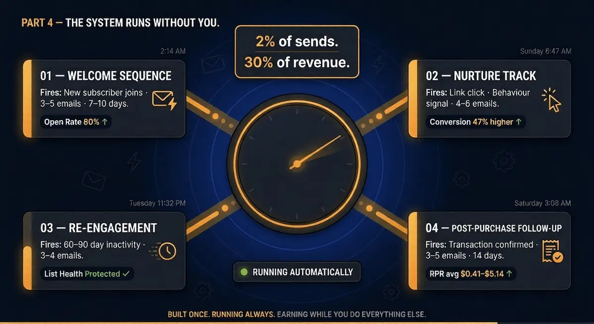 Graphic conceptual illustration of four email marketing automation workflows running simultaneously as a self-operating revenue engine for small businesses on a deep navy canvas