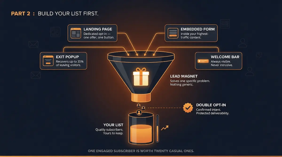 Graphic conceptual illustration of an email list building system showing a lead magnet funnel, four opt-in placement points, and a growing subscriber pipeline on a dark navy canvas