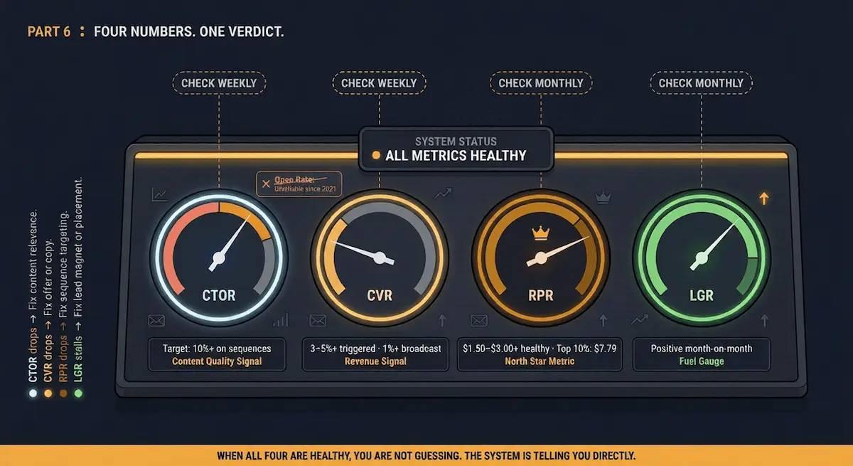 Graphic conceptual illustration of four email marketing health metrics displayed as illuminated diagnostic gauges on a small business performance dashboard on a deep navy canvas