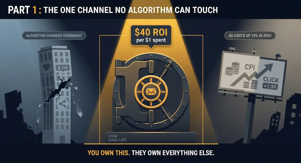 Graphic conceptual illustration of a small business owner's email marketing list as an unbreakable vault standing firm while social media platforms collapse into darkness around it