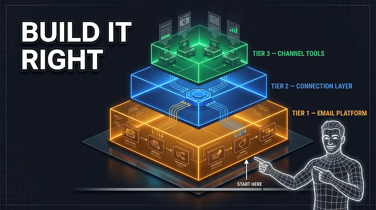 Three-tier isometric building showing the lean email marketing stack — email platform, connection layer, and channel tools — with setup order steps and total cost under $60 per month.