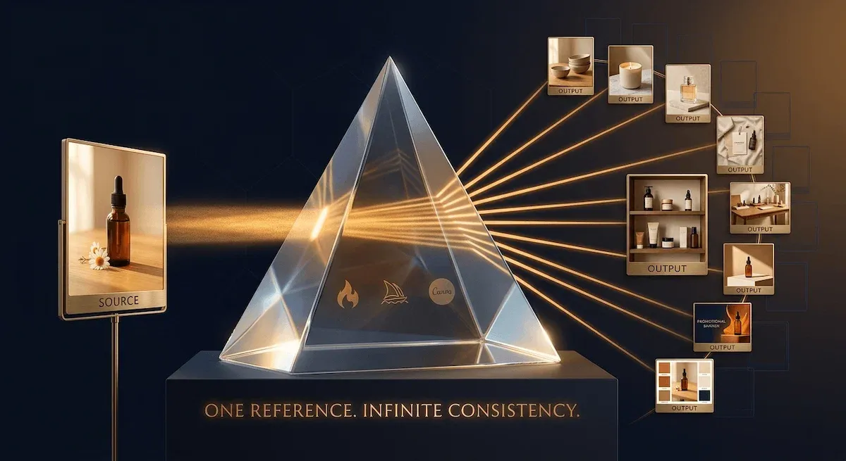 Graphic of one style reference image casting its visual identity across a constellation of consistent brand outputs multiplying outward on deep navy