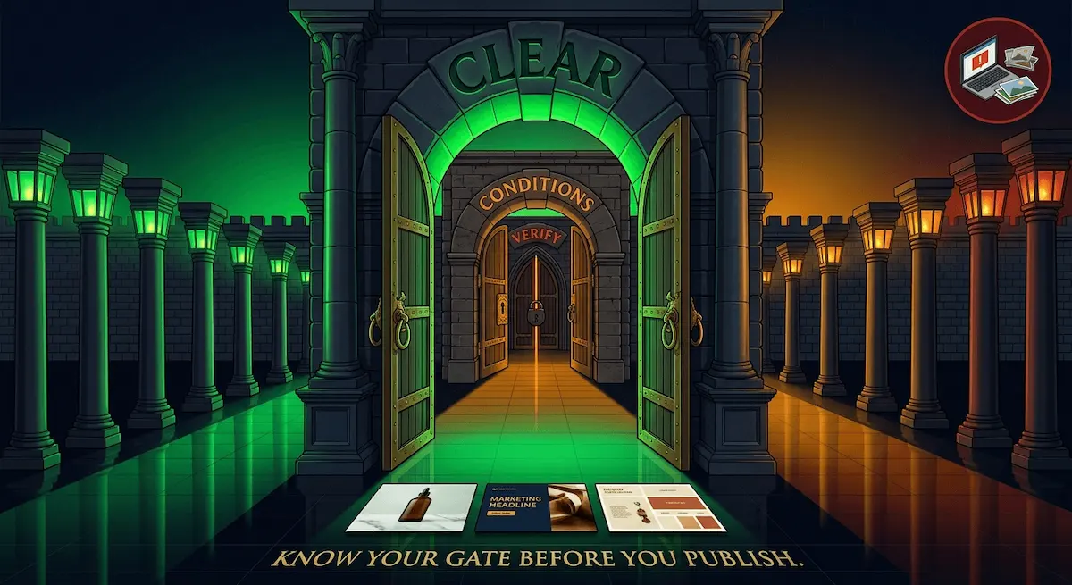 Graphic of three licensing tier gateways the first blazing green and open the second amber with conditions the third locked red on deep navy