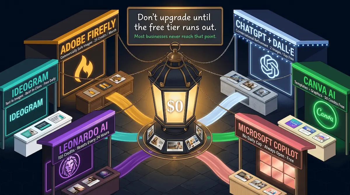 Graphic of six free tier tool vessels around a central zero cost beacon each pouring a stream of gorgeous business images outward on deep navy