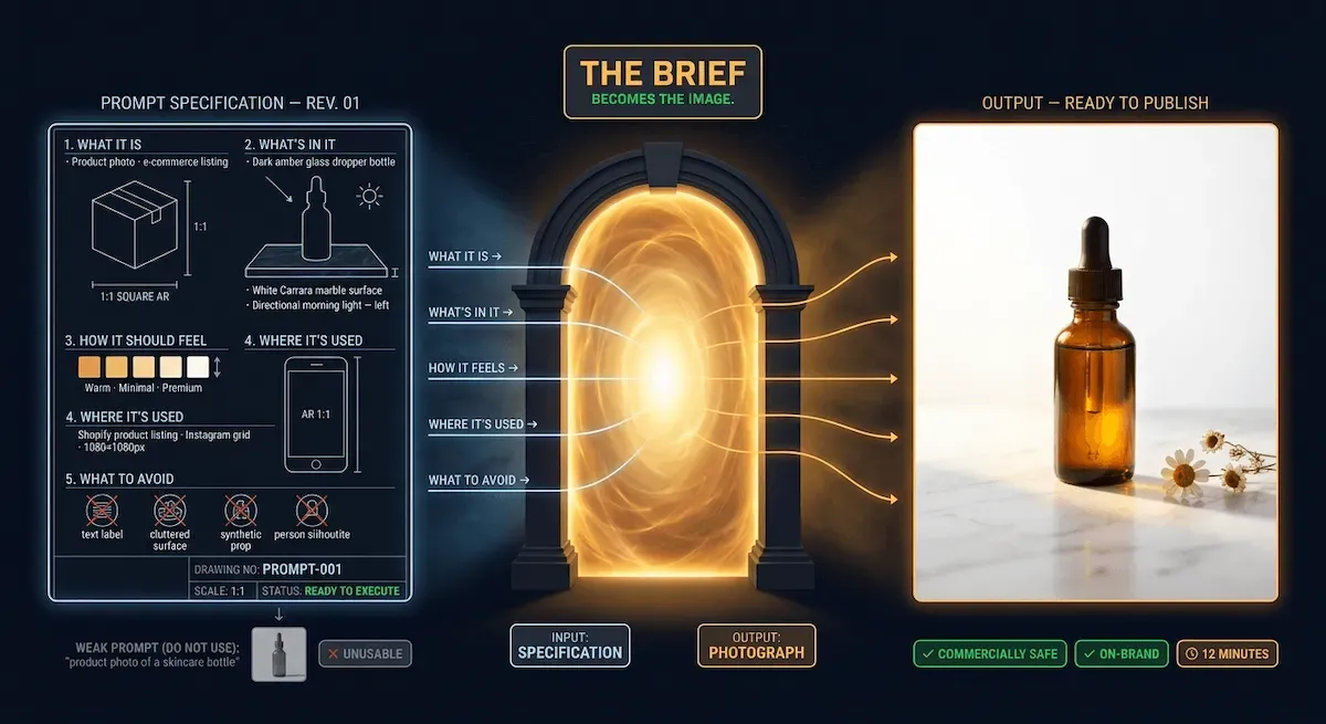 Graphic of a five-element business brief transforming through a glowing amber gateway into a gorgeous professional product photograph on deep navy