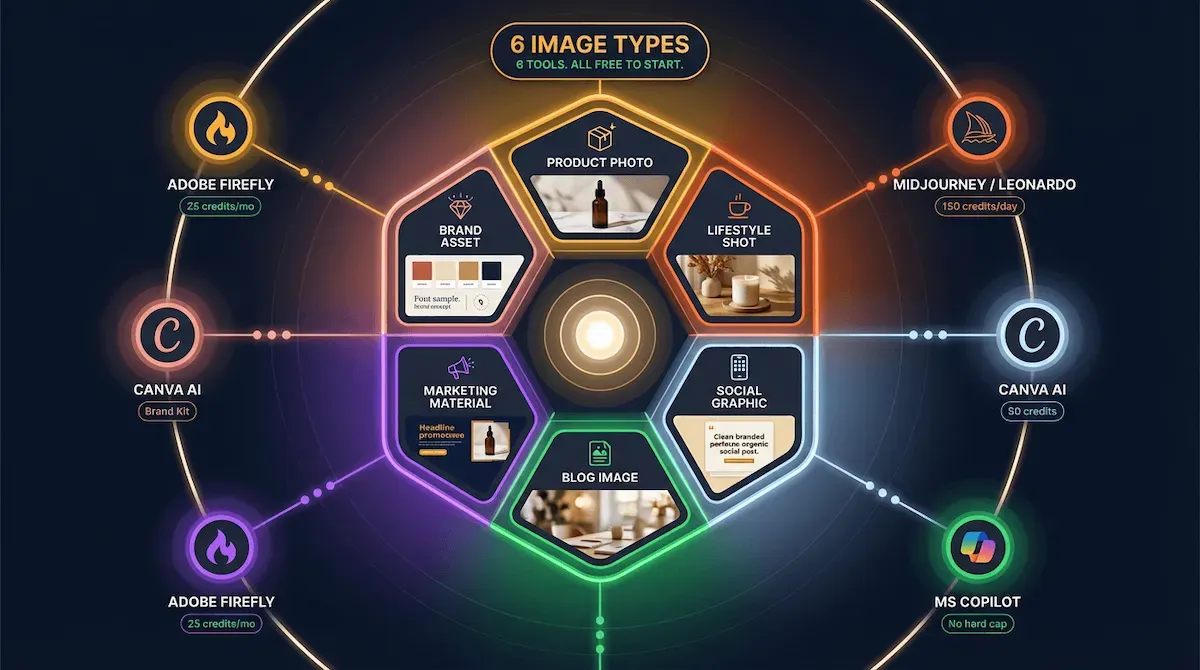 Graphic of six glowing business image type cards in a hexagon each connected to its exact AI tool by a warm amber energy line on deep navy