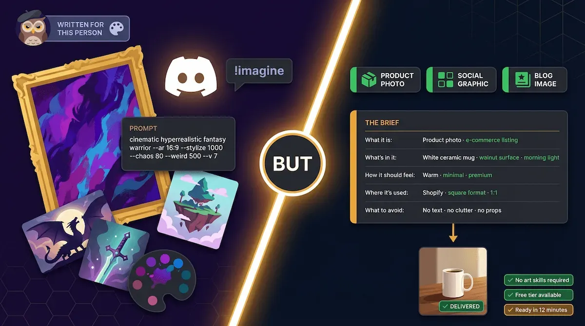 Graphic of two worlds split diagonally showing a chaotic artists canvas on the left and a clean business visual production system on the right on deep navy