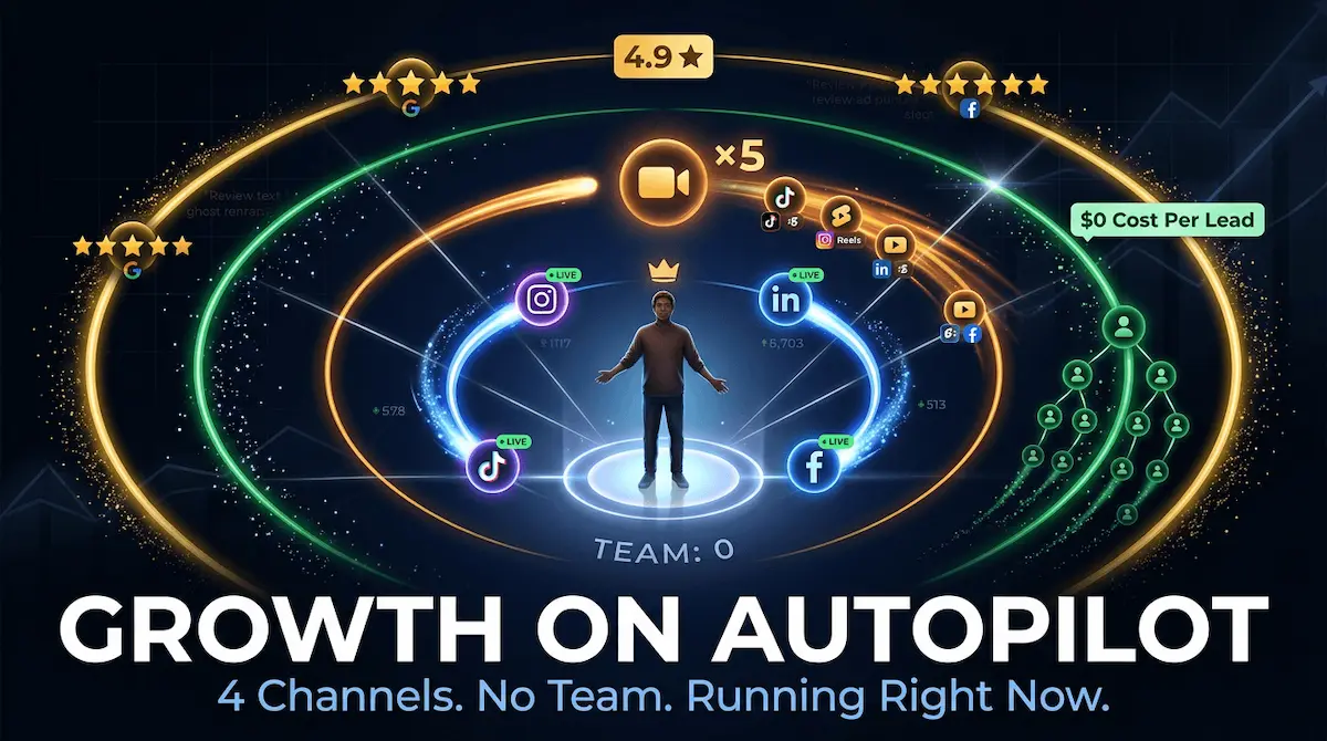 Relaxed entrepreneur reviewing automated dashboards for  social media, video, referrals and reviews —  four growth channels for small businesses running without a team.