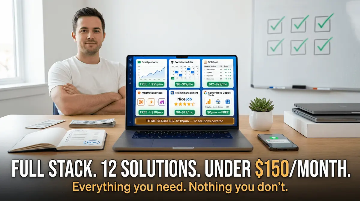 Entrepreneur reviewing a lean six-tool marketing dashboard  covering all 12 small business marketing solutions  for under $150 per month.