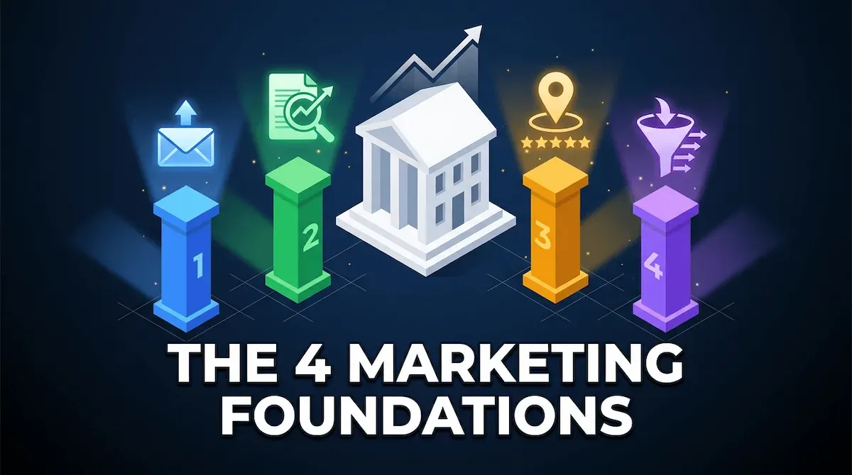 Entrepreneur reviewing a four-panel dashboard showing email,  SEO, Google Business Profile and lead magnet performance —  the 4 marketing foundations for small businesses.