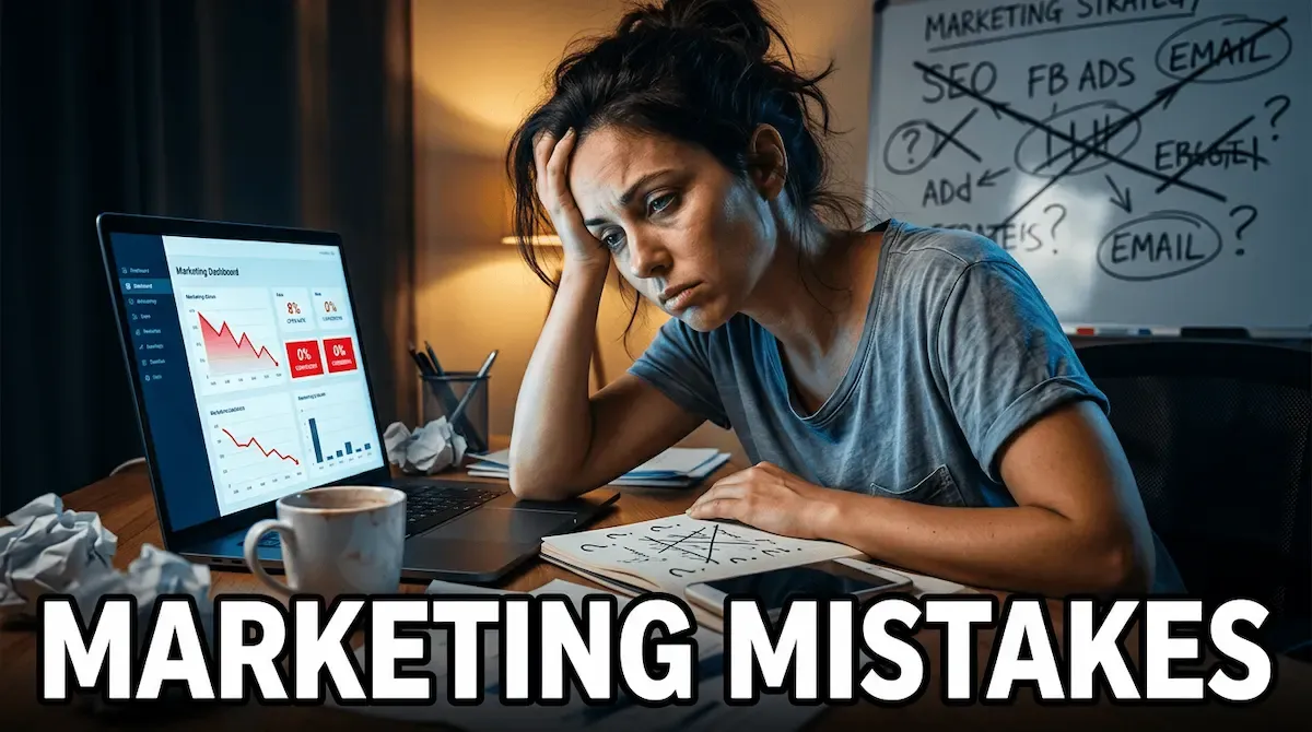 Exhausted entrepreneur at a cluttered desk with failed  marketing metrics on screen — the marketing mistakes  most small business owners make.