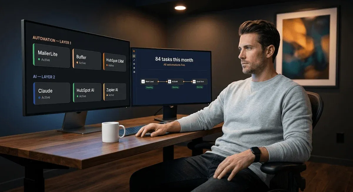  Graphic conceptual illustration of a three-layer automation and AI tool stack showing automation tools, AI tools, and one connective layer as a glowing architectural system on dark navy