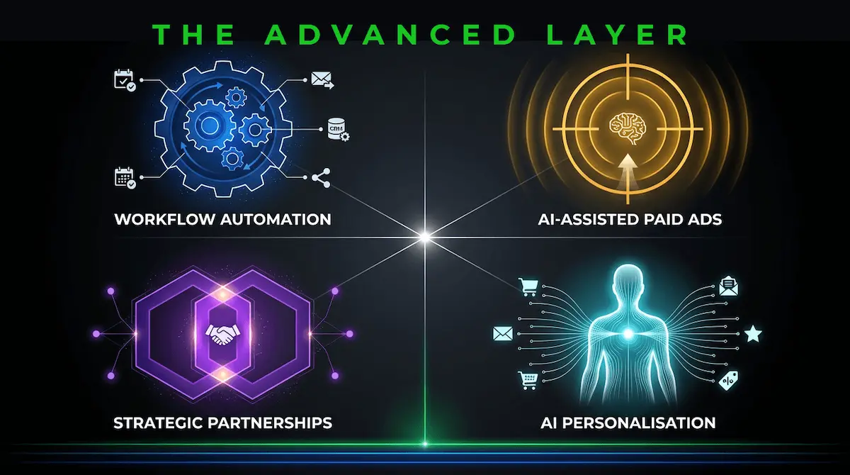 Four structures representing Workflow Automation, AI-Assisted Paid Ads, Strategic Partnerships, and AI Personalisation — the advanced marketing layer most small business owners never reach.