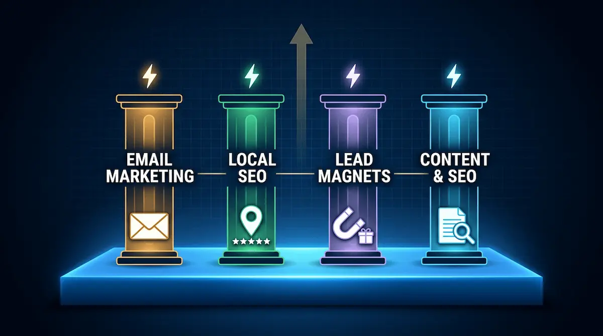 Four glowing pillars labelled Email Marketing, Local SEO, Lead Magnets, and Content rising from a luminous base — the four foundation methods every small business must build first.