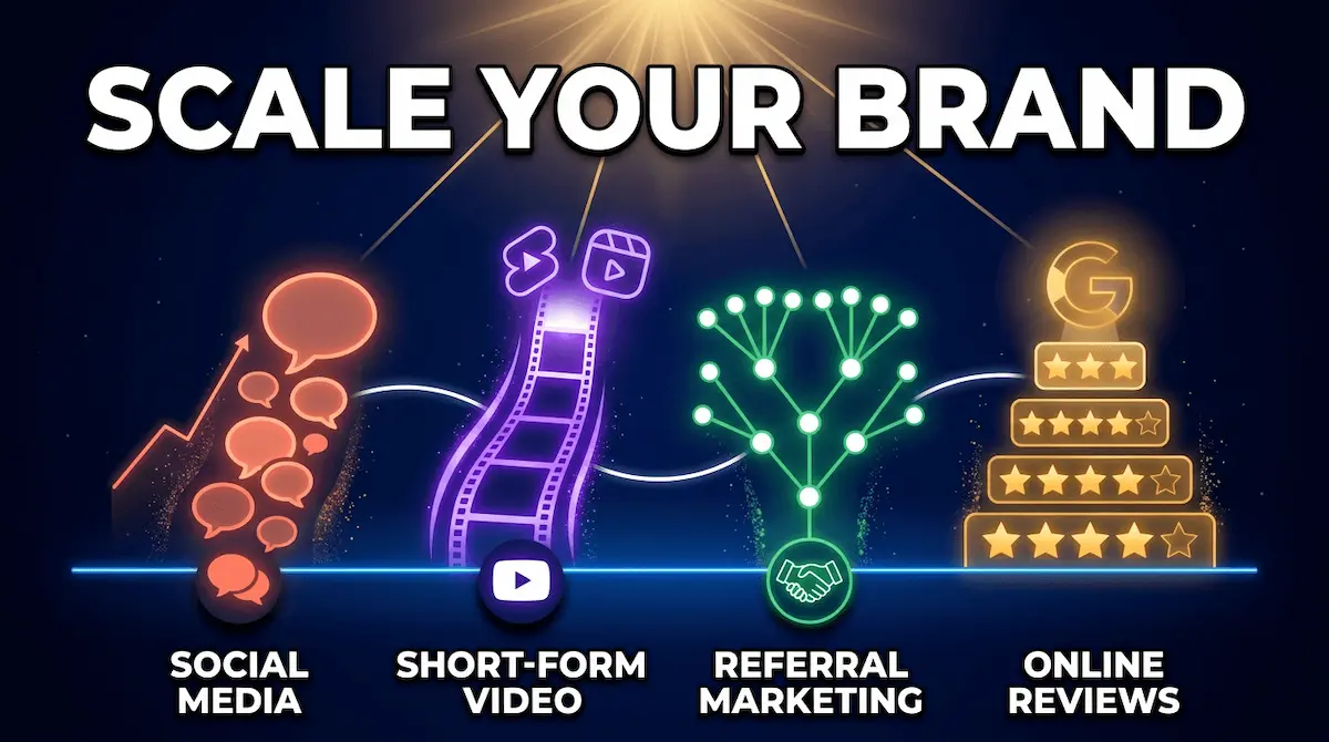 Four growth engines — Social Media, Short-Form Video, Referral Marketing, and Online Reviews — the growth layer marketing methods that build momentum for small businesses.