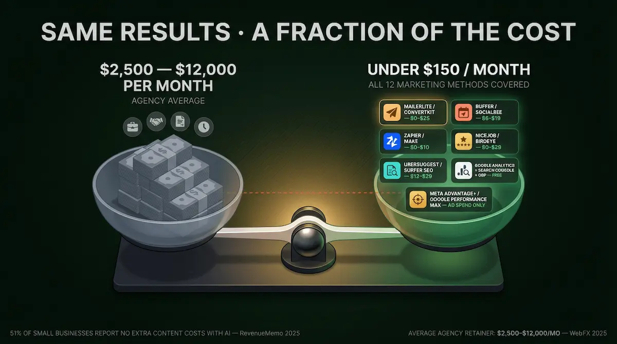 Balance scale comparing agency marketing at $2,500 to $12,000 per month against a lean stack of seven tools covering all 12 marketing methods for under $150 per month