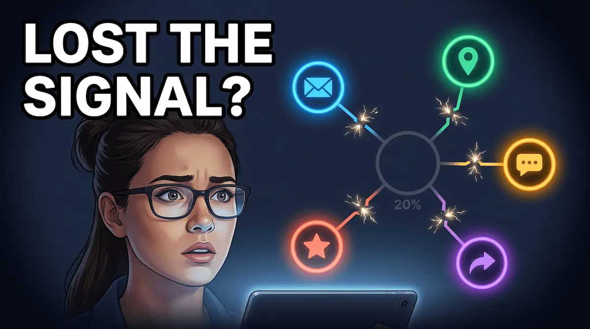 Exhausted small business owner at a cluttered desk, five isolated marketing tool tabs open on a laptop with flat results — why most small businesses get their marketing wrong.