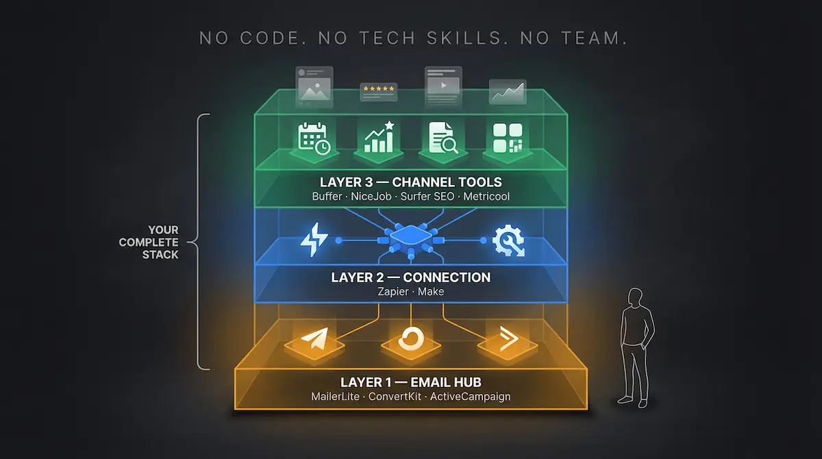 Three-storey building showing the no-code marketing stack — Email Hub, Connection Layer, and Channel Tools — running all 12 small business marketing methods without a tech background.